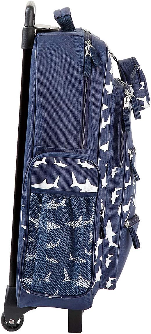 Lillian Vernon Personalized Rolling Luggage for Kids, 5-Pocket Shark Suitcase Set With Clip-On Pouch, Customizable Boys Travel Carrier on Wheels, 6W x 15.5L x 23”H