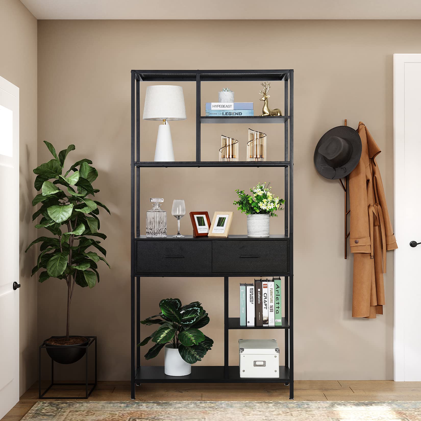 unho Librería con Cajón Industrial, Estantería Alta con Estantes de Almacenamiento de 5 Niveles, Marco de Metal y Gabinete de Madera, Estantería Independiente para Libros para Oficina en Casa