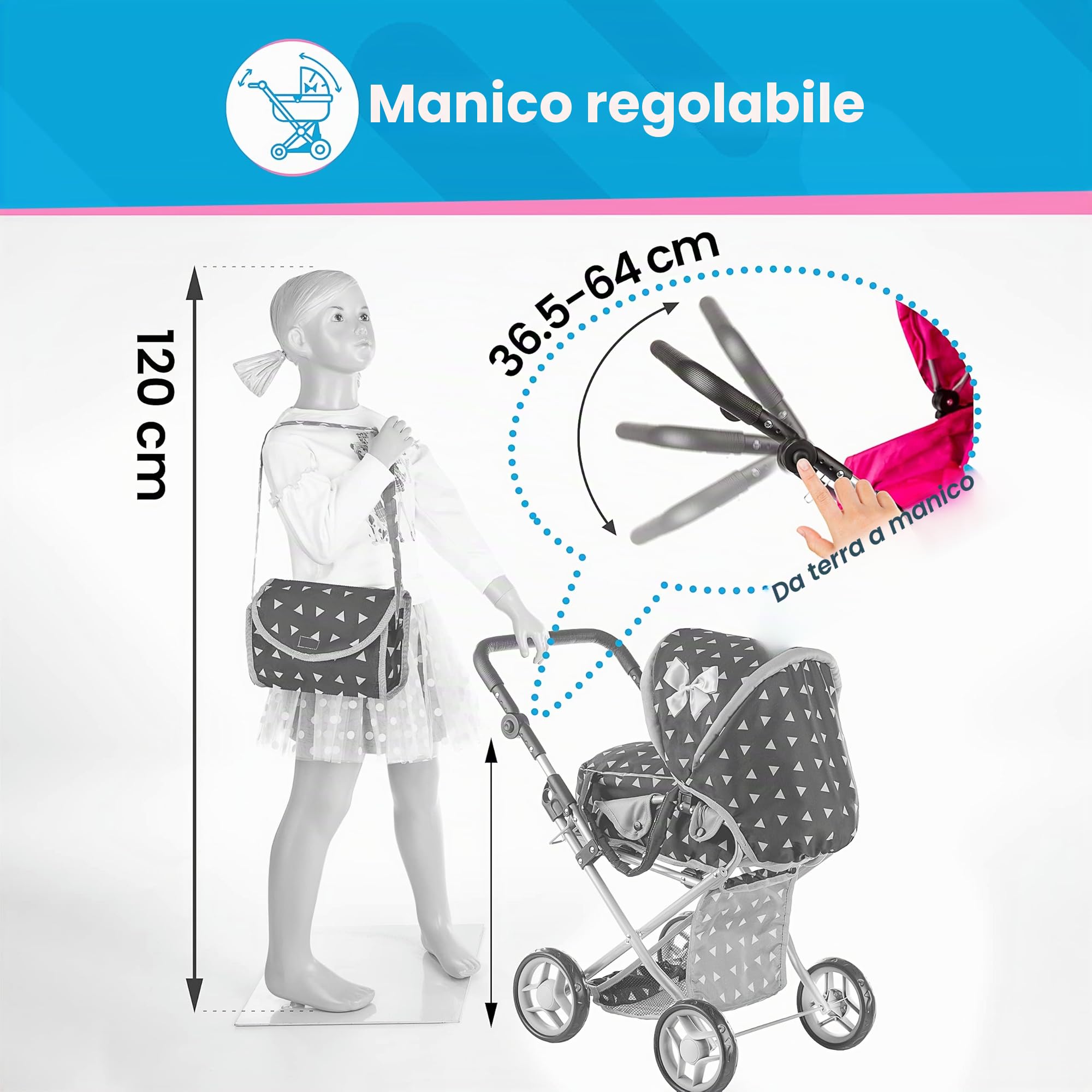 Kinderplay Passeggino per bambole a partire da 1 2 3 anni, giocattolo 3 in 1, per esterni, con borsa per il trasporto rimovibile e borsa a tracolla, regolabile in altezza fino a 62 cm, KP0200R
