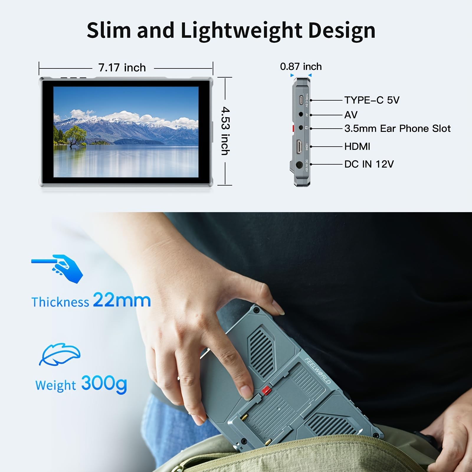 FEELWORLD FW759 Pro 7 Pouces écran Tactile Moniteur de Terrain avec Batterie 4400 mAh, résolution IPS HDMI 4K 1280 x 800, Format 9:16, marqueur de Mise au Point, entrée/Sortie vidéo Full HD