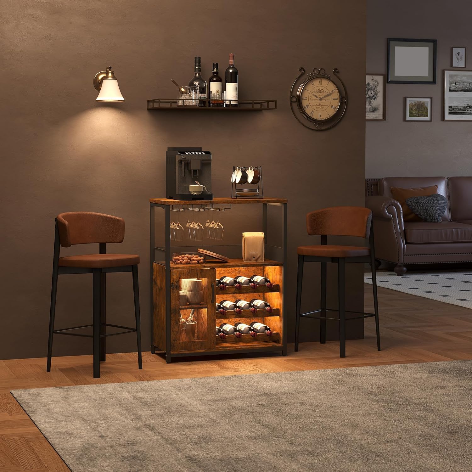 Garvee Weinschrank Weinregal Industrial mit Led Licht Barschrank mit Verstellbarem Weinregal und Glashalter Getränkeaufbewahrung Weinbarschrank für Küche Esszimmer Wohnzimmer 70x35x92 cm Retro