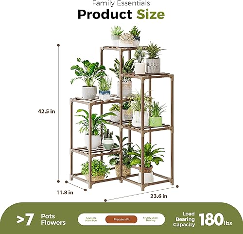 Miniatura 5 de Bamworld Soporte para plantas de interior y exterior, estante de esquina para 7 macetas para sala de estar, múltiples plantas, patio, balcón