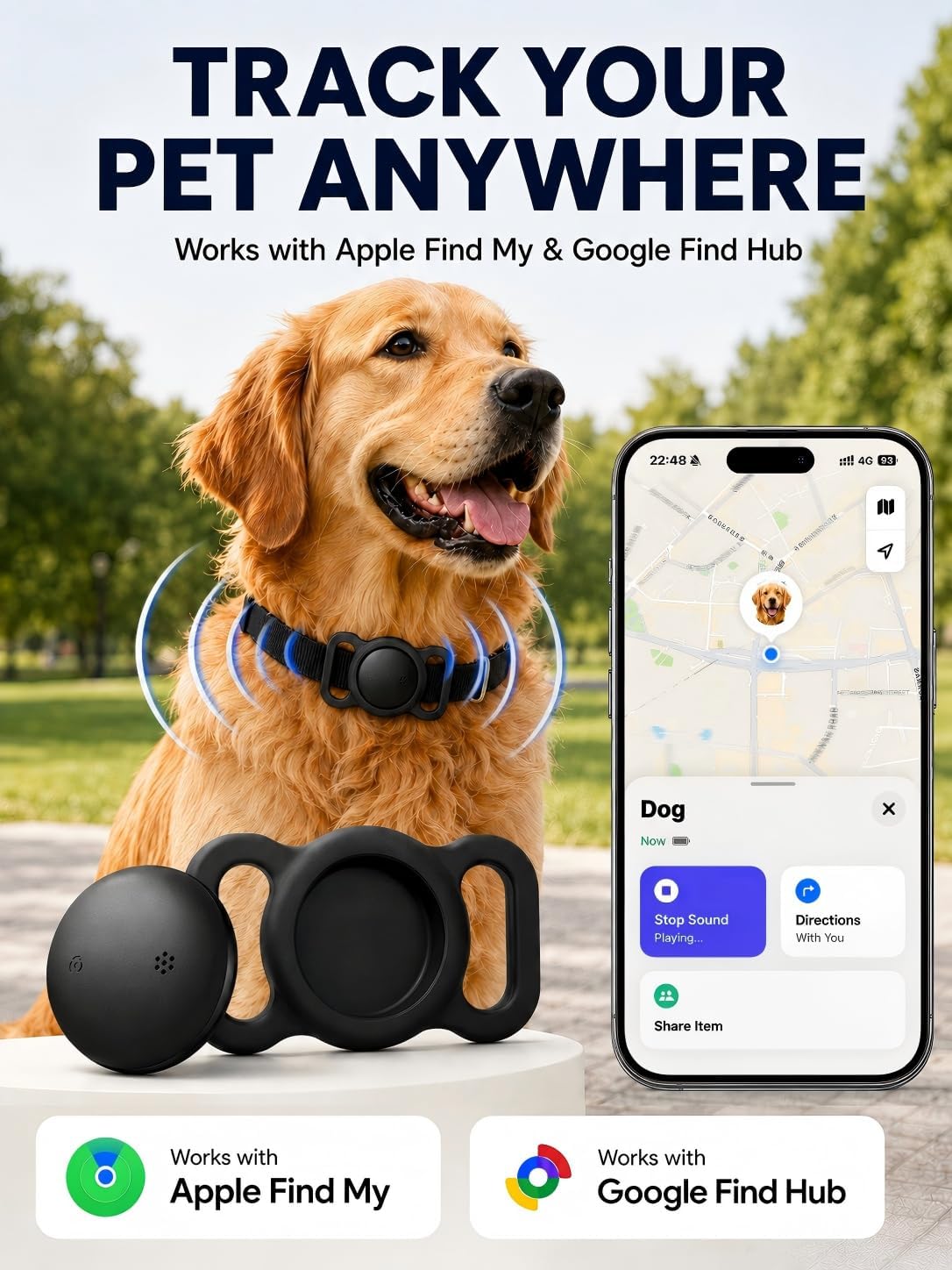 GPS Dog Tracker Collar (iOS & Android) - No Subscription Real-Time Tracking | Pet Smart Activity Finder Tag Works with Google Find Hub & Apple Find My App, Anti-Lost for Keys, Cat Kitten Items