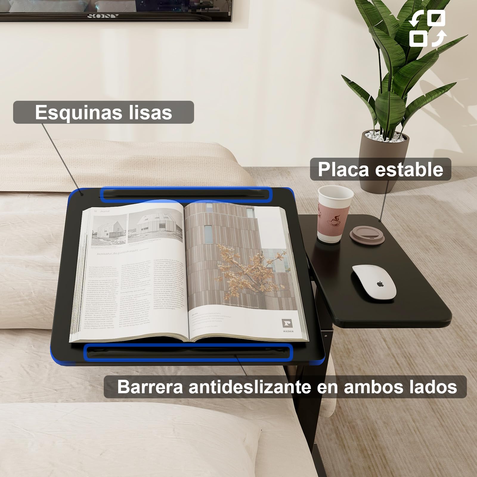 PUNCIA Mesa Auxiliar con Ruedas para Portátil Ajustable 70-102cm Negro | Escritorio Elevable de Pie para Sofá Cama Tablero Inclinable Mesa Lateral Regulable en Forma de C Estación de Trabajo Móvil