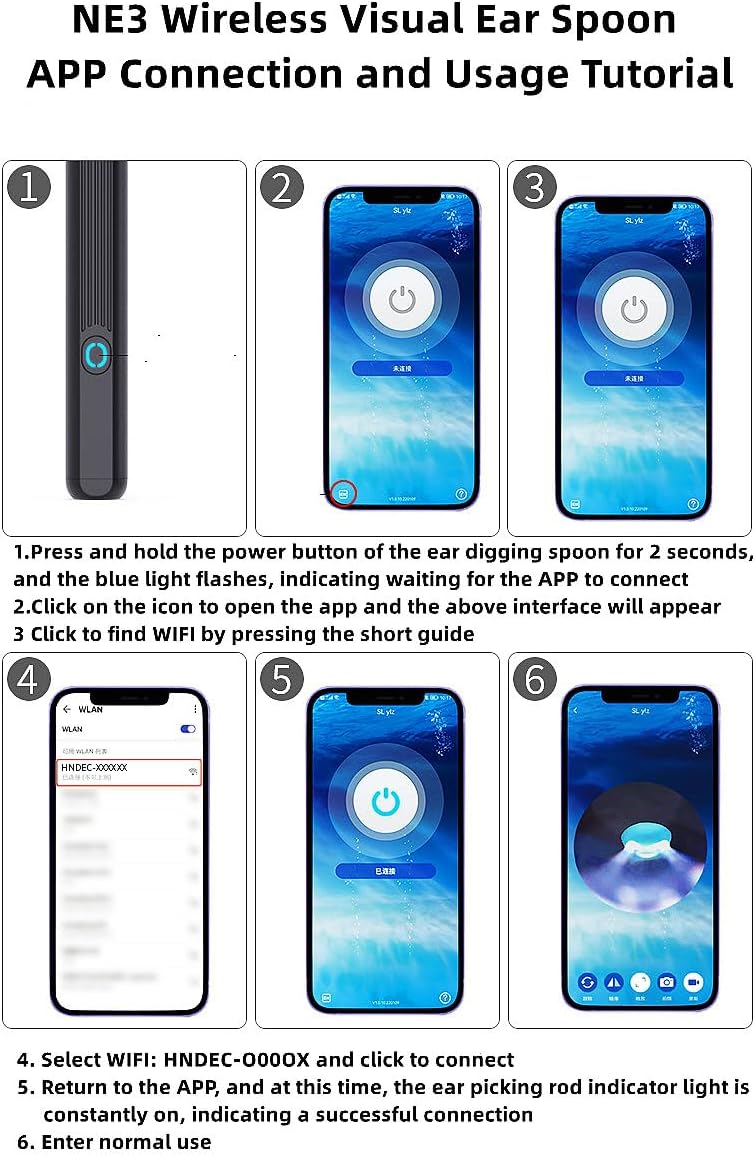 Step-by-step guide for connecting the NE3 Wireless Visual Ear Spoon to a smartphone app via WiFi.