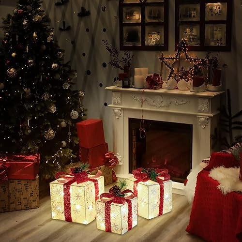 Miniatura 7 de Decoraciones de Navidad, juego de 3 cajas de regalo iluminadas de Navidad, cajas de regalo de Navidad a pilas, LED blanco cálido con lazos para