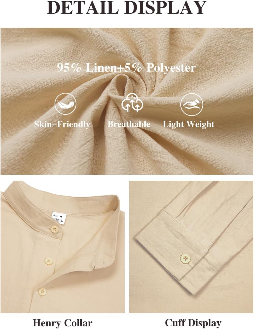 Men's Linen Shirts Henley T-Shirts Long Sleeve Casual Beach T-Shirts Solid Tops Shirts for Men - Image 6