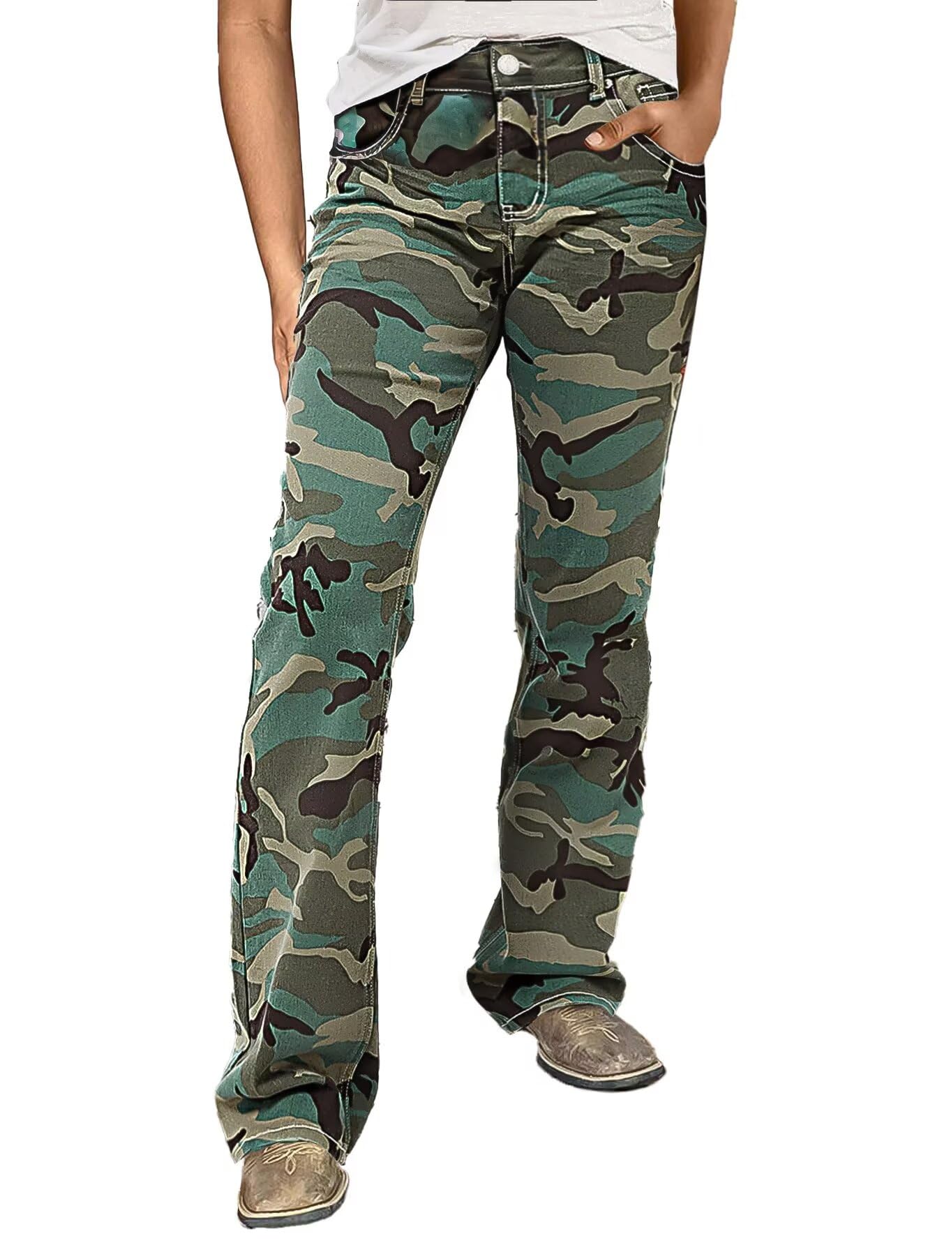 Flamingals Camo Cargo Pants for Women Mid Rise Camouflage Trousers Stretchy Bootcut Pants Without Belt