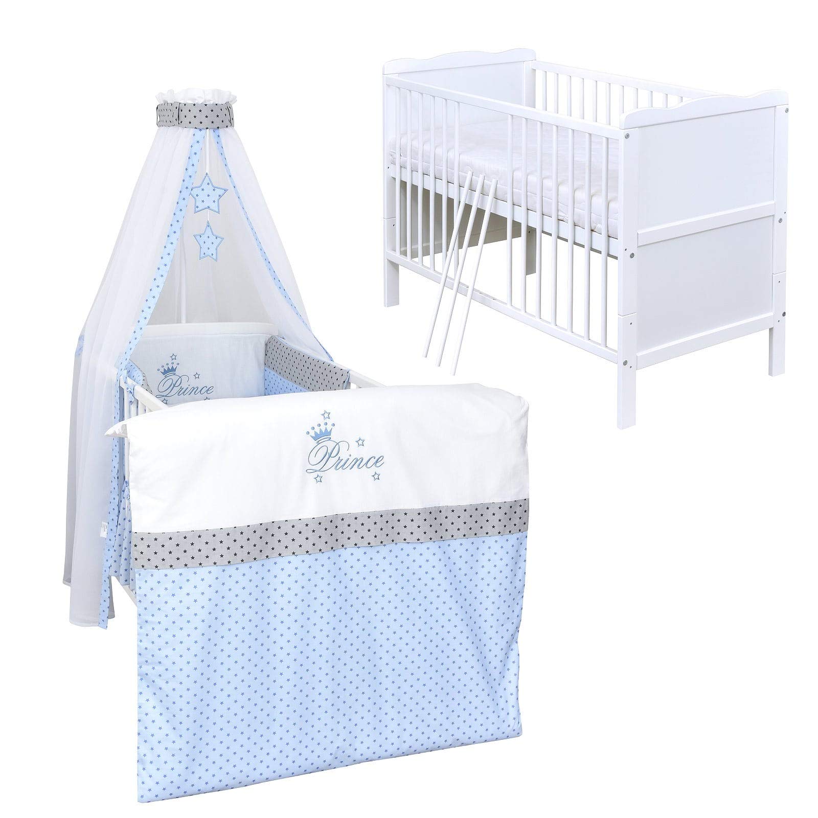 Generisch Baby Delux Babybett Komplett Set 9-TLG Kinderbett umbaubar zum Juniorbett 70x140 Matratze Jack Bettset Chiffonhimmel (Prince Stars)