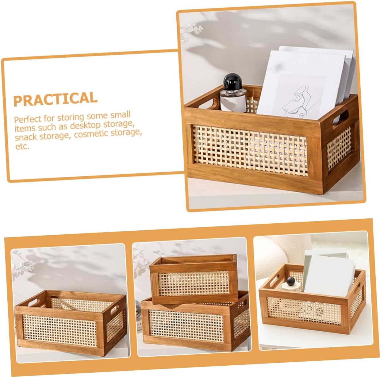 Handmade Woven Storage Basket Rustic Hollow Carved Solid Wood Desktop Organizer Box Large Capacity Home Storage Bin for Bathroom Nursery and Office