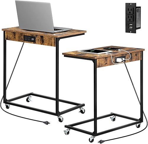 Miniatura 4 de Sunexinlo Mesa auxiliar en forma de C con estación de carga, paquete de 2 mesas auxiliares de 22.8 pulgadas de largo x 14.5 pulgadas de ancho x 26.1