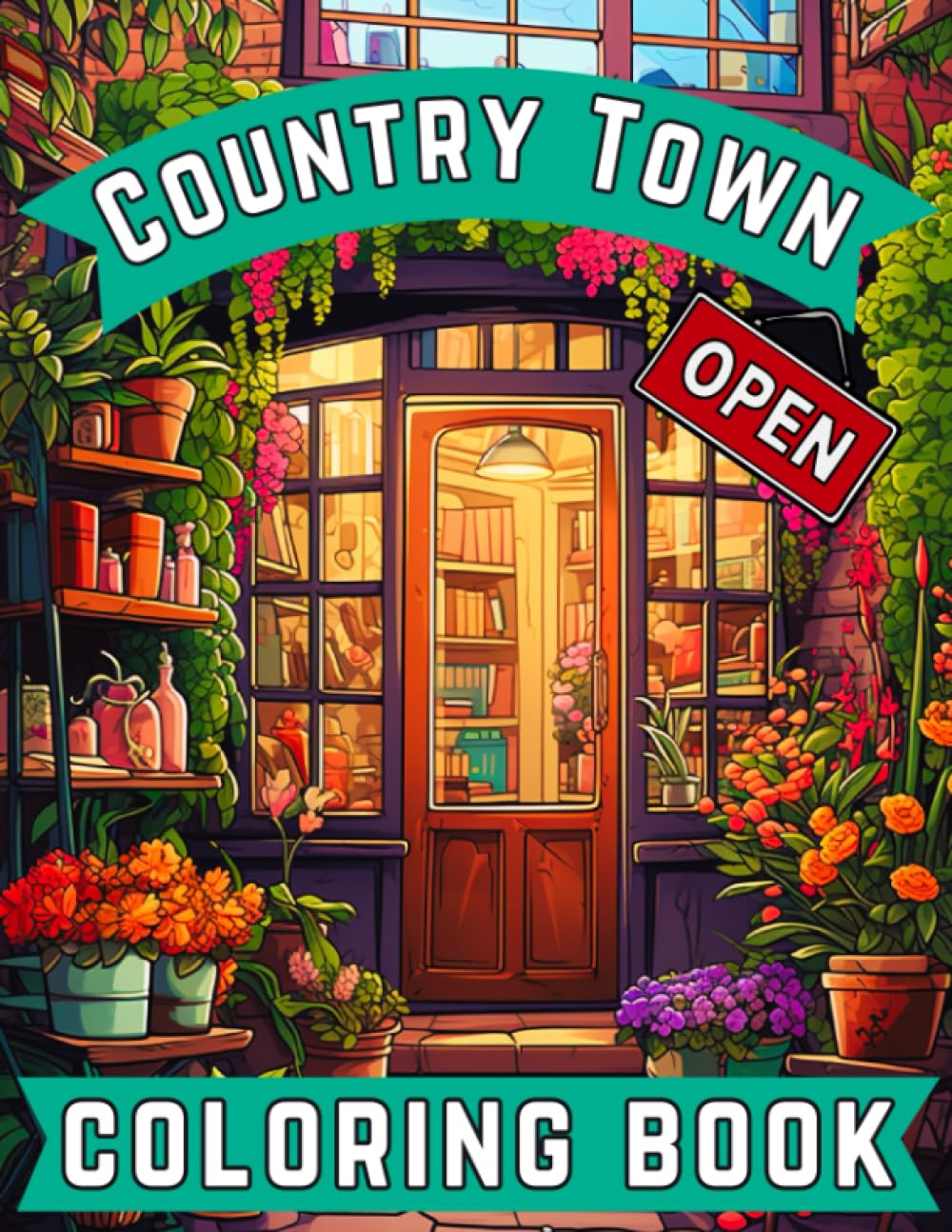 Country Town Adult Coloring Book: Peaceful Places with Charming Shops, plants, Beautiful Restaurants & Store Fronts for Stress Relief and Relaxation