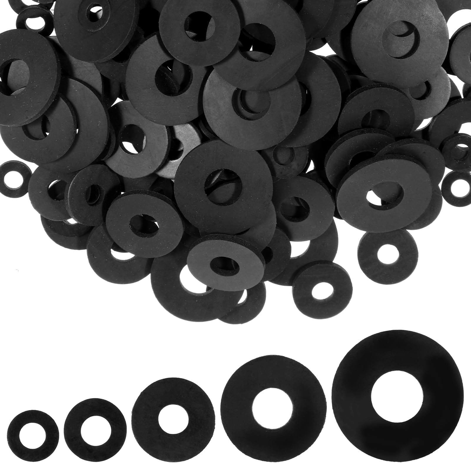 200 Pcs Rubber Washer Flat Washers Assortment Kit 5 Sizes Rubber Washers for Screws 10/12/16/20/25 mm Black Washer for Household Faucets Garden Hoses Screws Bolts Shower Head