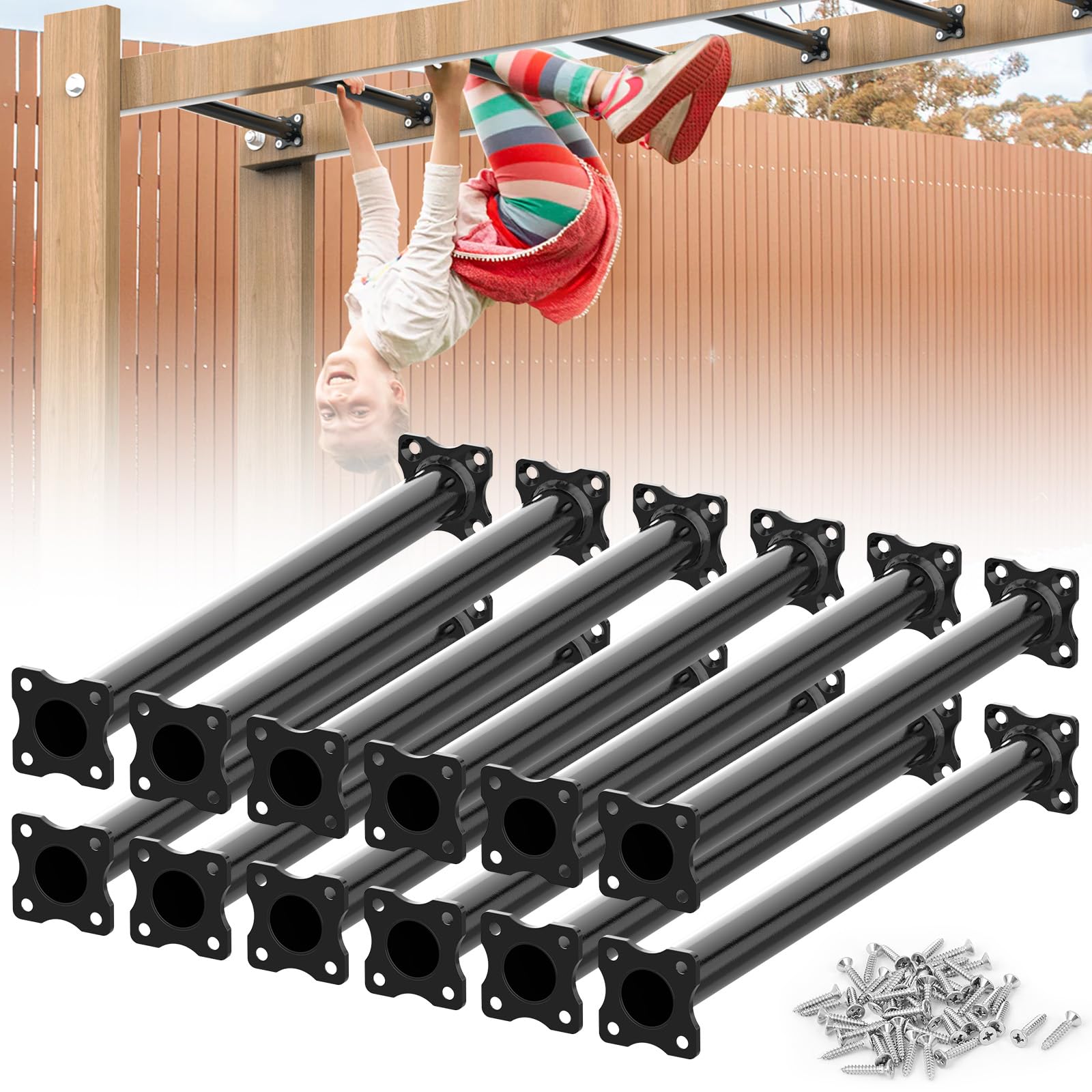 SUNSHINE FARMRE 16.5 Inch Monkey Bars Kit Playground Ladder Rungs for Backyard Indoor Outdoor Kids Metal Bars Swing Set Playset Accessories (Black, 12 Pcs)