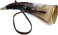 Vista 1 de Vikingo soplando cuerno de buey Batalla Trompeta Silbato Toro medieval Cuerno de sonido de búfalo con anillo de latón Ganado nórdico vikingo Cuerno