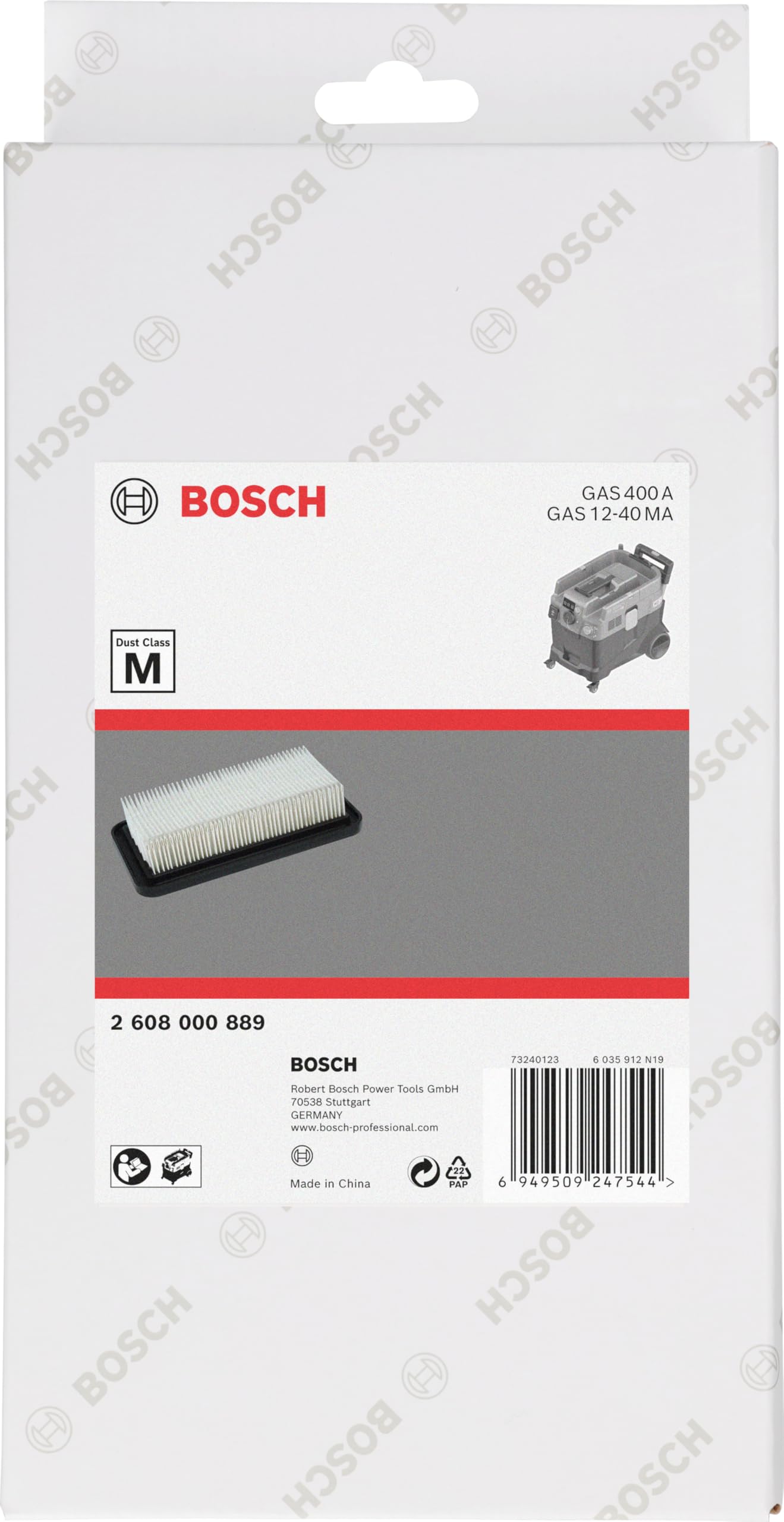 Bosch 1 x PRO płaski filtr plisowany PE (do GAS 400 A i GAS 12-40 MA, profesjonalne akcesoria do odkurzacza)