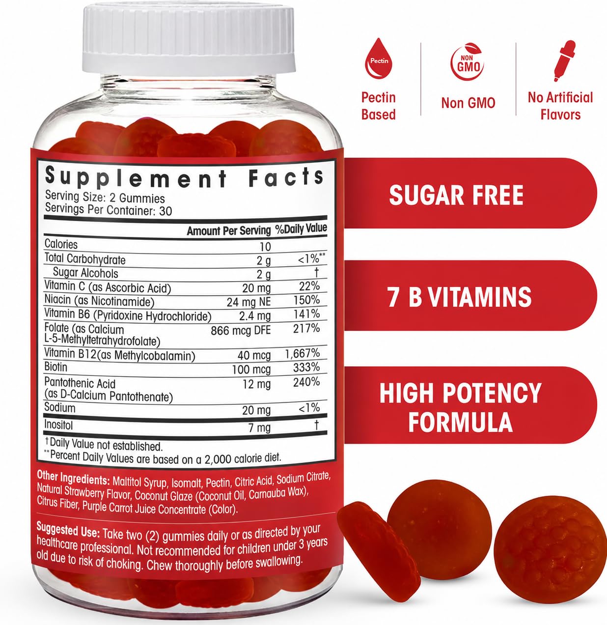 Sugar Free Methylated Vitamin B Complex Gummies for Energy Support - Vitamin B12, B6, B7 Biotin, B9 Folate, B3 Niacin & B5 - Vegan, Third Party Tested - Prenatal & Older Adults - 60 Gummies — Amazon image 2