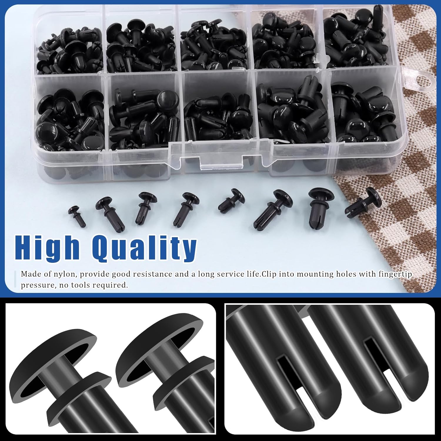 Glarks 240pcs 8 Sizes Nylon Removable Push Head Fasteners Rivets 2MM 3MM 3.5MM 4MM 5MM Black Push Pin Clip Rivets Car Bumper Retainer Clips Bumper Shield Retainer Push-in Screw Bumper Push Rivet Clip