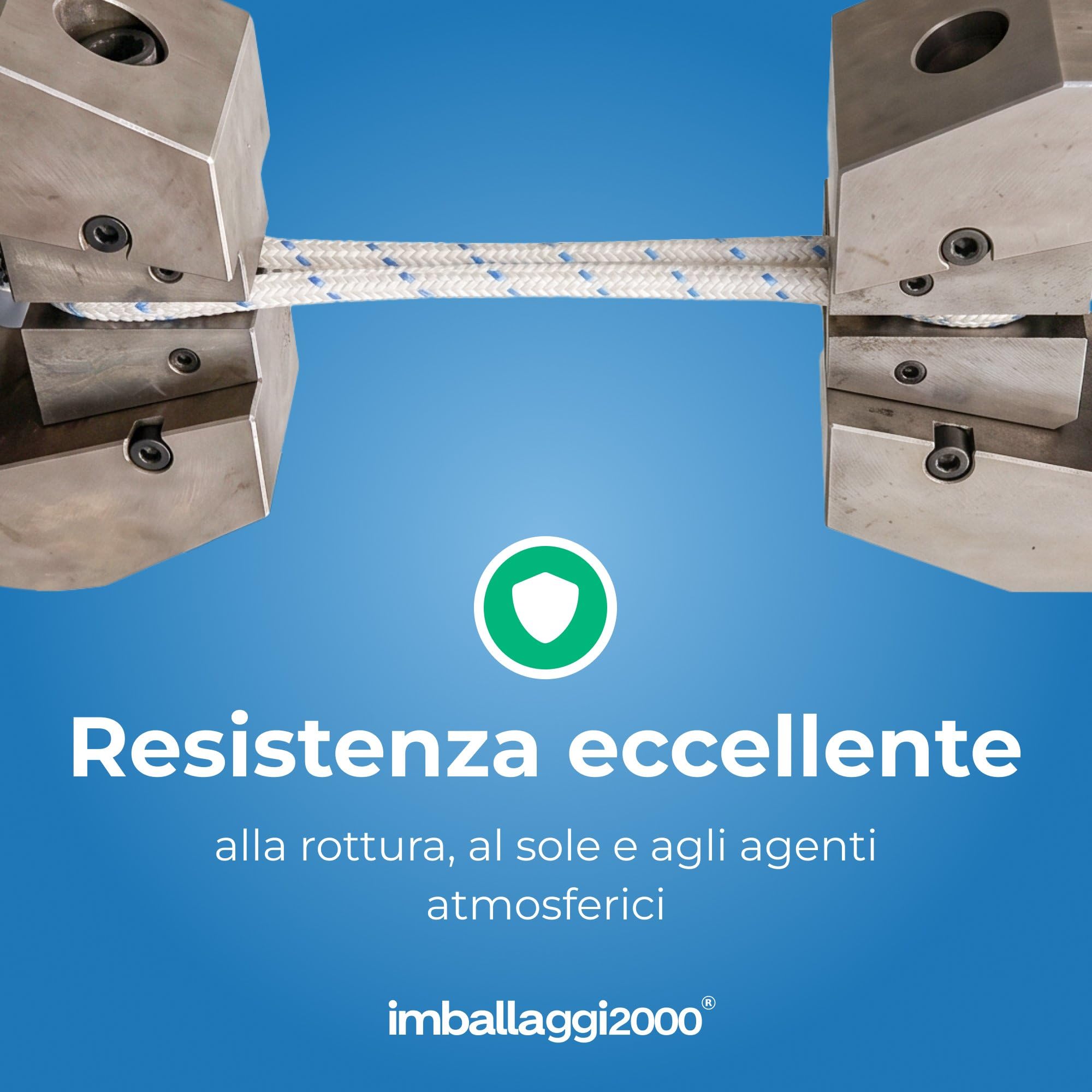 IMBALLAGGI 2000 - Corda Treccia Mare 8mm Bianca con Spia Blu - Intera Bobina 200 Metri - Stabilizzata UV, Resistente Intemperie e Agenti Atmosferici
