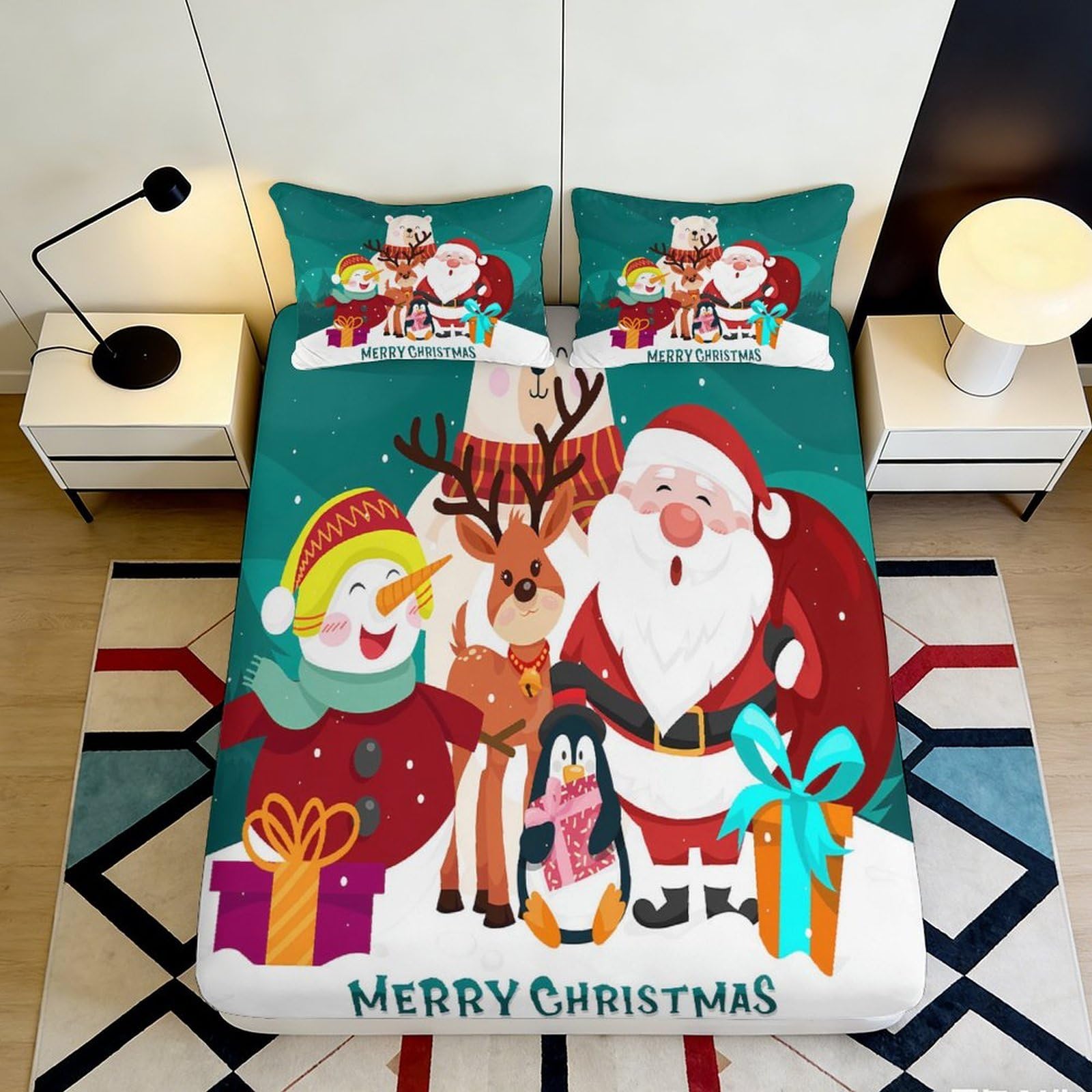 3D Printed Christmas Santa Fitted Sheet Microfiber Festive Snowman Mattress Cover for Bedroom Guest Room Holiday Decor 180x200x25cm