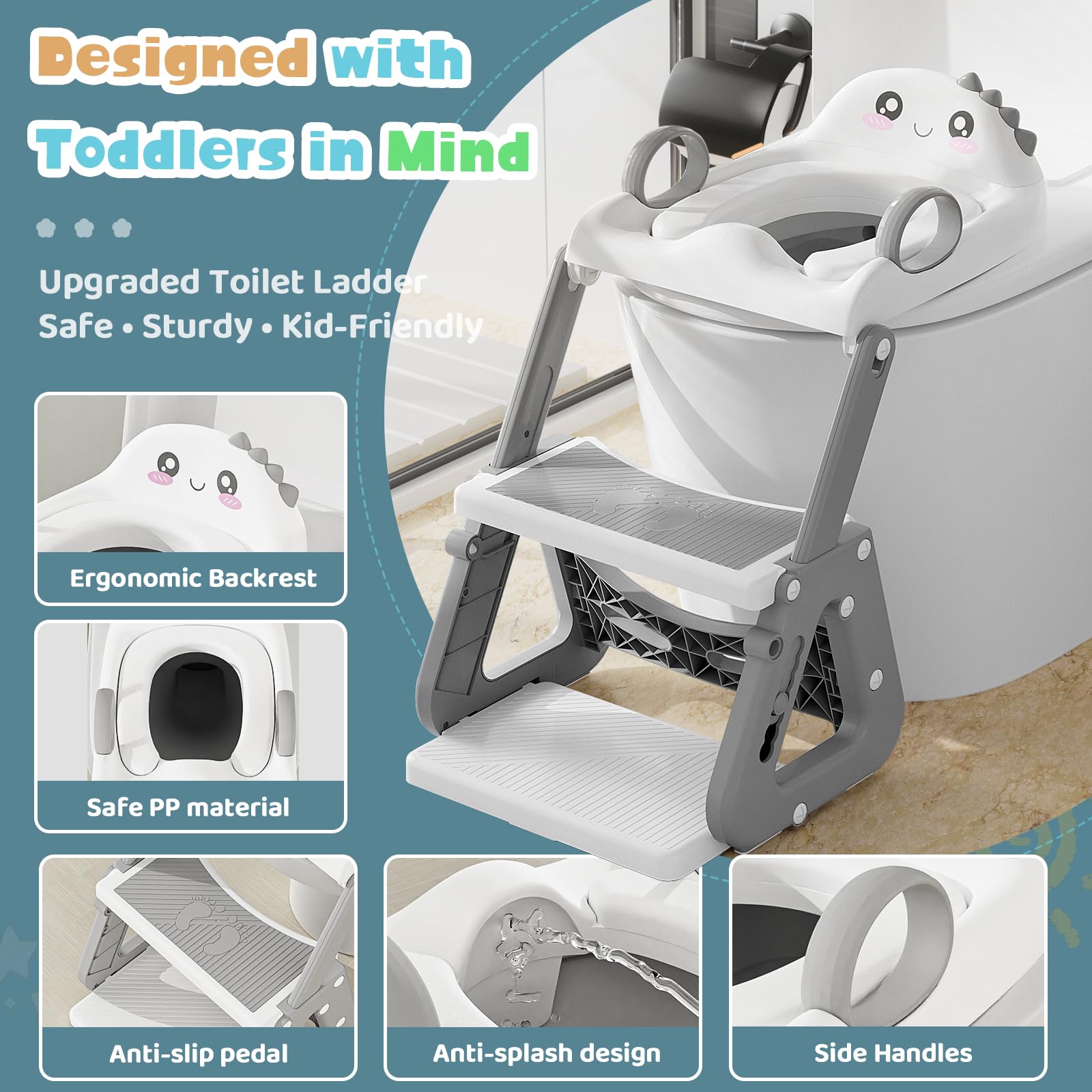 Réducteur Toilette Enfant 2-en-1 Avec Marche - Hauteur Réglable, Anti-éclaboussures, Stable, Design Dinosaure, Pliable