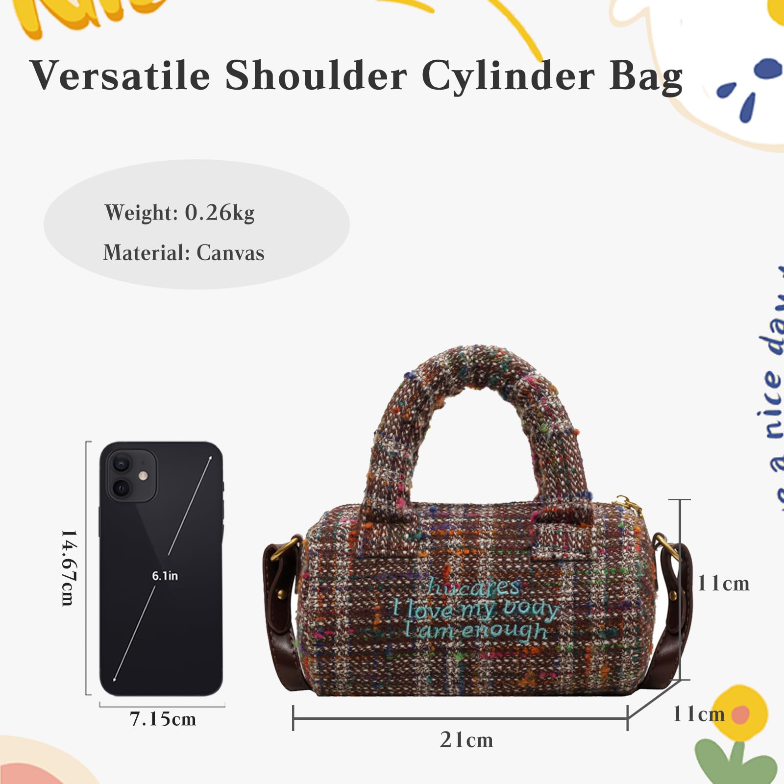 Bolso Bandolera para Mujer Bolso de Mano de Lona Bolsos Cilíndricos Media Bolsa Shopper Ligero Bolso de Hombro Bolsos Cruzados Retro Bolso Tote para Viajes Trabajo Citas Compras Café