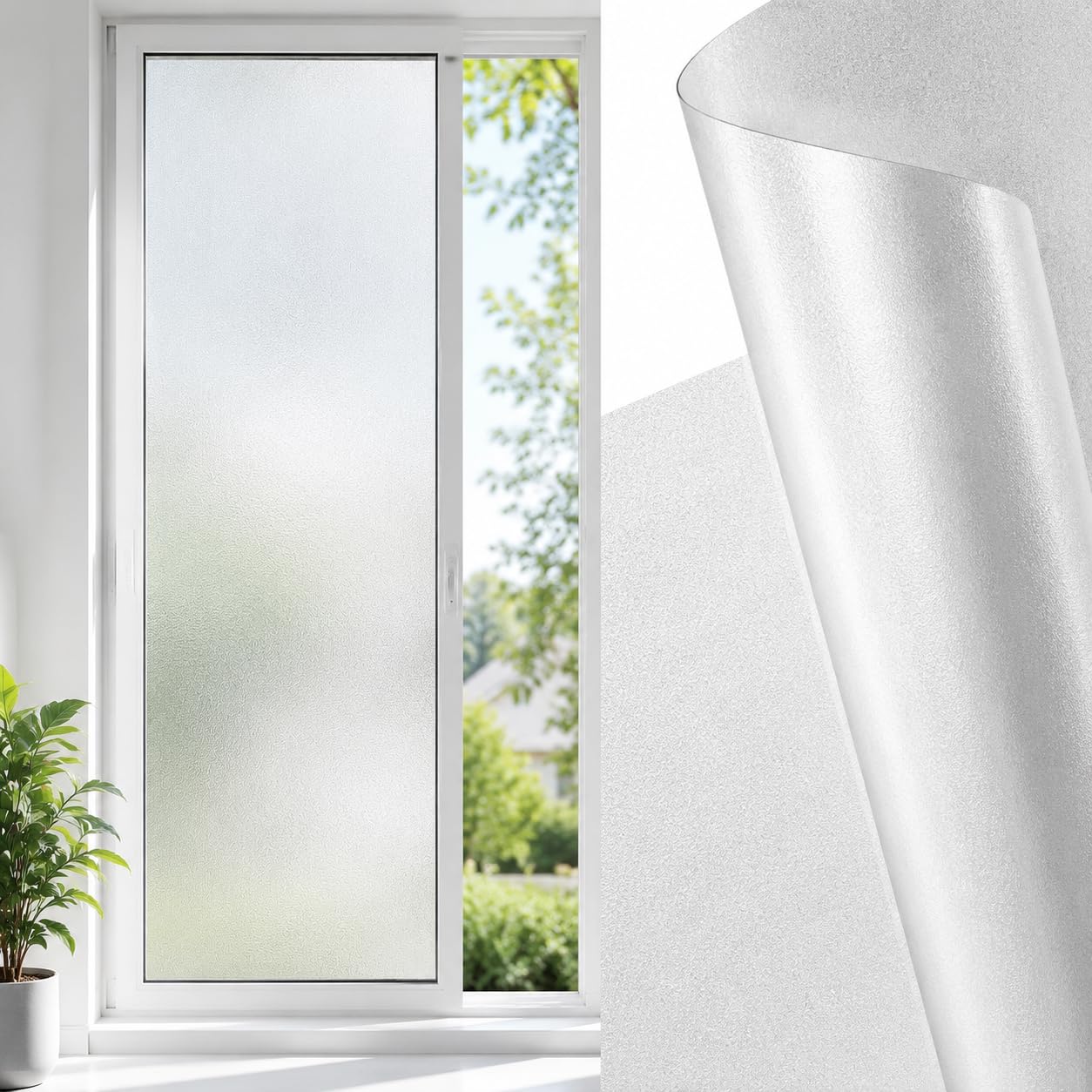 Pure Frosted Privacy Window Film with Installation Squeegee, 45 x 200 cm Self-Adhesive Glass Sticker, No-Leak Opaque Sun Blocking & Anti-UV for Bathroom Office, New Grid Design Easy Measure