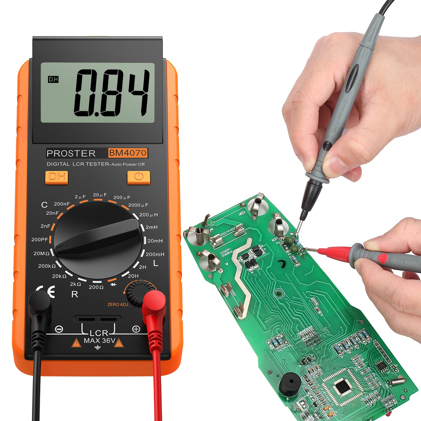 Proster LCR Medidor De Capacitancia Inductancia Resistencia Continuidad Diodos Tester Digital Multimetro Autodescarga con Gran Pantalla LCD Giratorio Cables Prueba Pinzas Cocodrillo y Destornillador