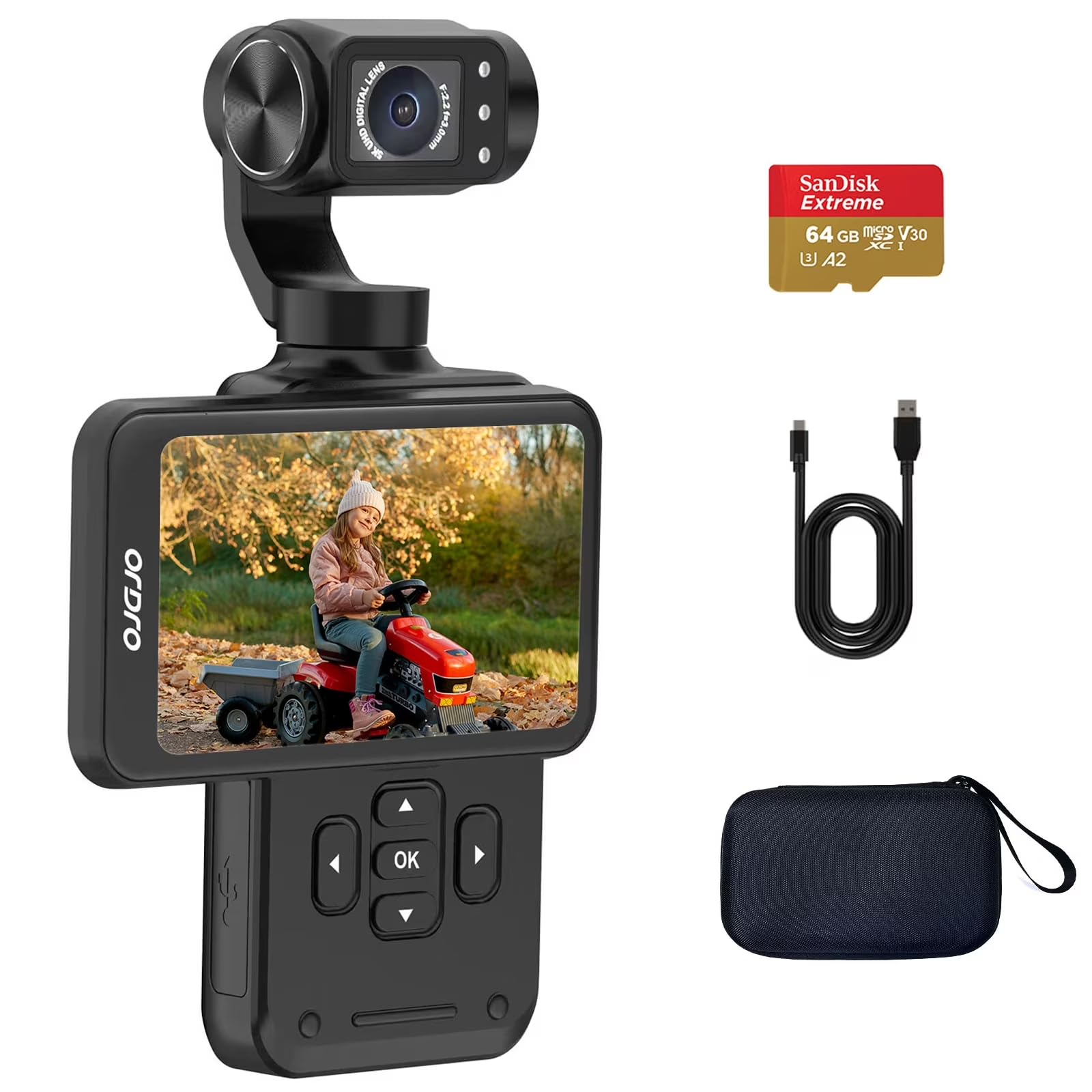 M5 Vlogging Camera 3-Axis Gimbal Stabilizer, 5K Handheld Camera 3.5'' Rotatable Touchscreen 120° Wide Angle, IR Night Vision Function, Fast Focusing,Face Tracking for YouTube Vlogs, 64G Card