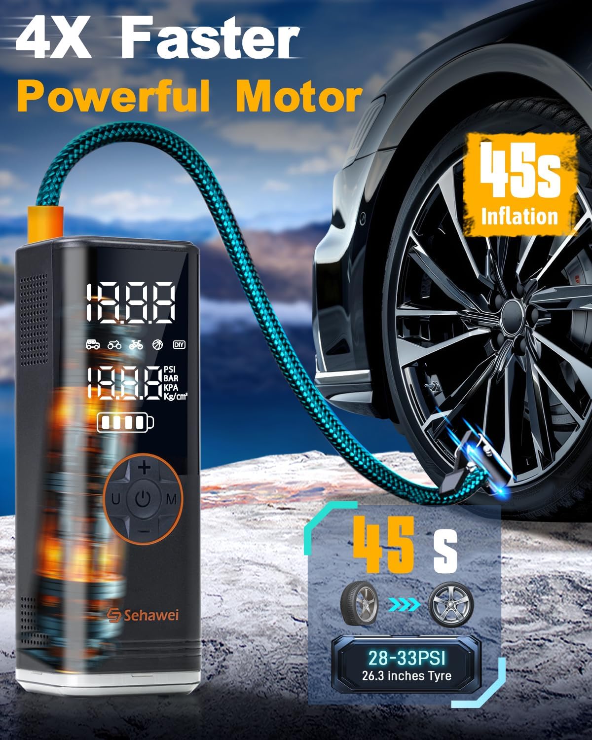 Sehawei Tire Inflator Portable Air Compressor,4X Faster 150PSI & 20000mAh Air Pump for Car Tires,Electric Air Pump with Digital Dual LCD Display for Cars,Motorcycles,Bikes,Balls