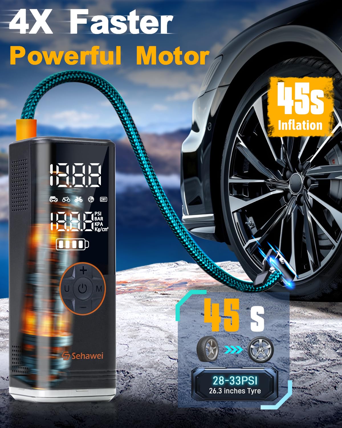 Sehawei Y11 Gonfleur Pneus Voiture,Compresseur à Air Portatif 150PSI avec écran LCD Numérique, 20000mAh Pompe a Velo Electrique pour SUV, Voiture, Moto, vélo, Balle