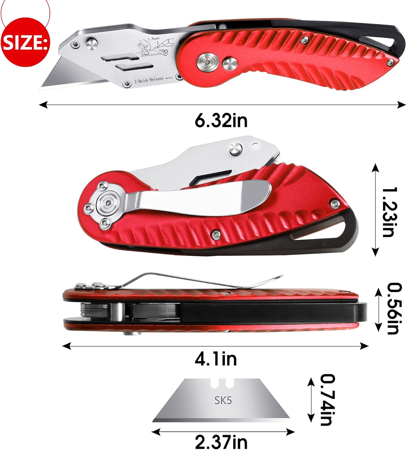 DIYSELF Knife Folding Utility Knife 1-Pack, Upgraded Heavy Duty Box Cutters for Carpet, Carton, Cardboard and Box, Extra 5Pcs Replacement Box Cutter Blades Included (Red) - - 