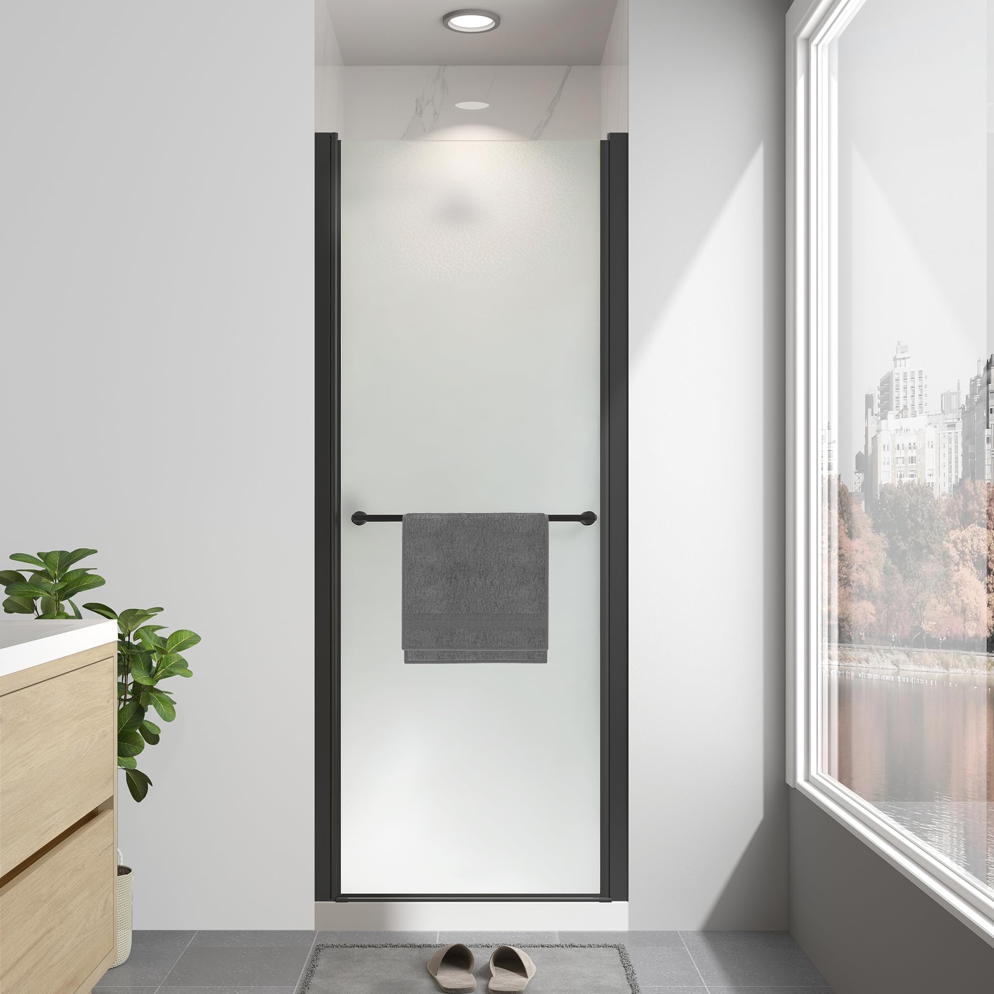 View 1 of (USED PARTS) EASYWORC 24"-26" W x 72" H Frameless Pivot Frosted Shower Door Matte Black