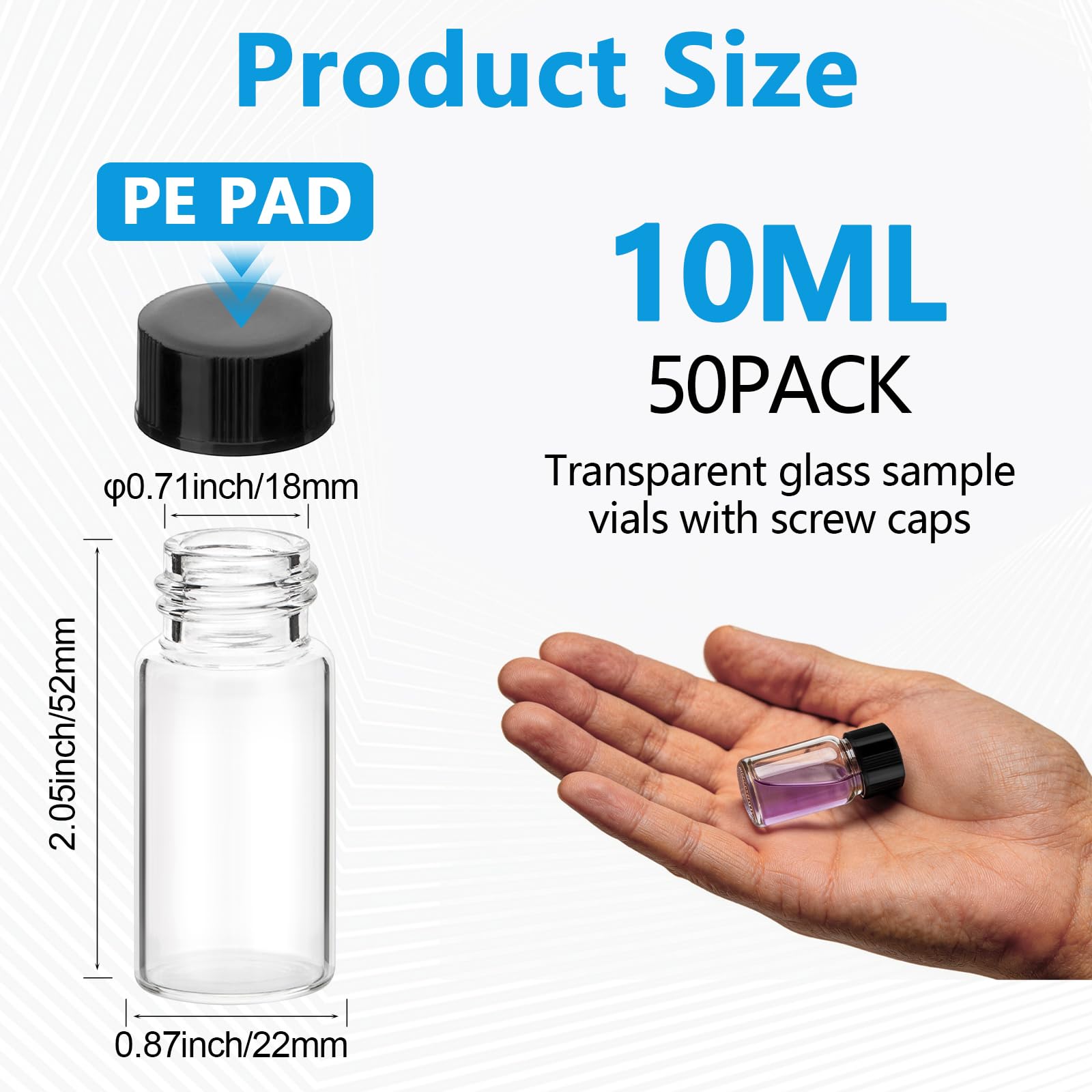 50 Stück 10ml Probe Fläschchen mit Schraubkappen, Auslaufsicher, Transparent Glasfläschchen für Labor, ätherisches Öl, Parfüm, Reagenz, Salbungsöl