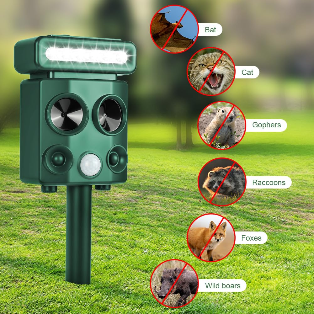 AOOWU Repelente para Gatos, 4 Modos Disuasión Solar Ultrasónico, Ahuyentador de Gatos IPX6 Impermeable, Carga USB Repelente al Aire Libre para Animales con LED Lámpara, Repelene Perros, Pájaros, Gatos