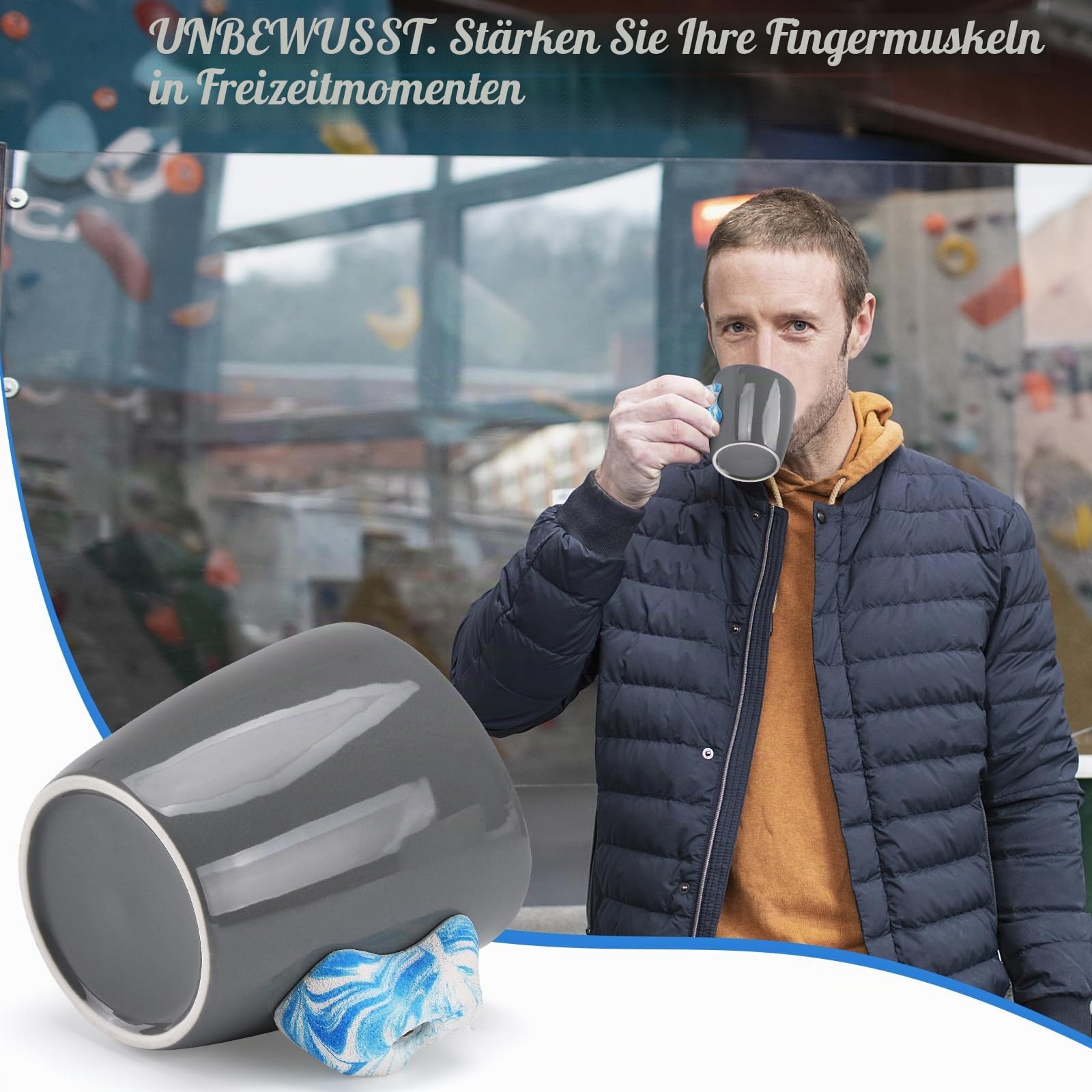 Rock Climbing Mug, Keramikbecher mit Klettertrainingsgriffen, Kletterhaltebecher mit sehr realistischen Klettergriffen, Blau-Weißer Griff, M1-BW