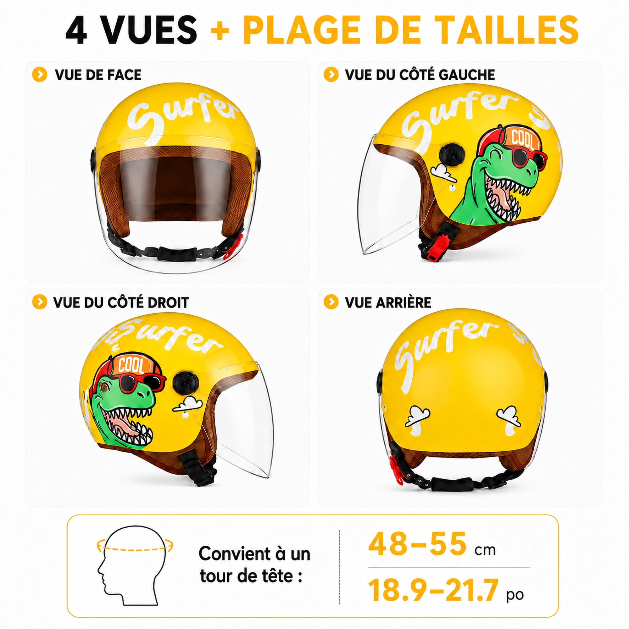Casque Moto Enfant, Casque Jet Enfant 48–55 cm, Visière, Jaune | Fermeture Rapide et Amovible Lavables, Pour Moto, Scooter Et Cyclomoteur, Pour Enfants 5-12 Ans