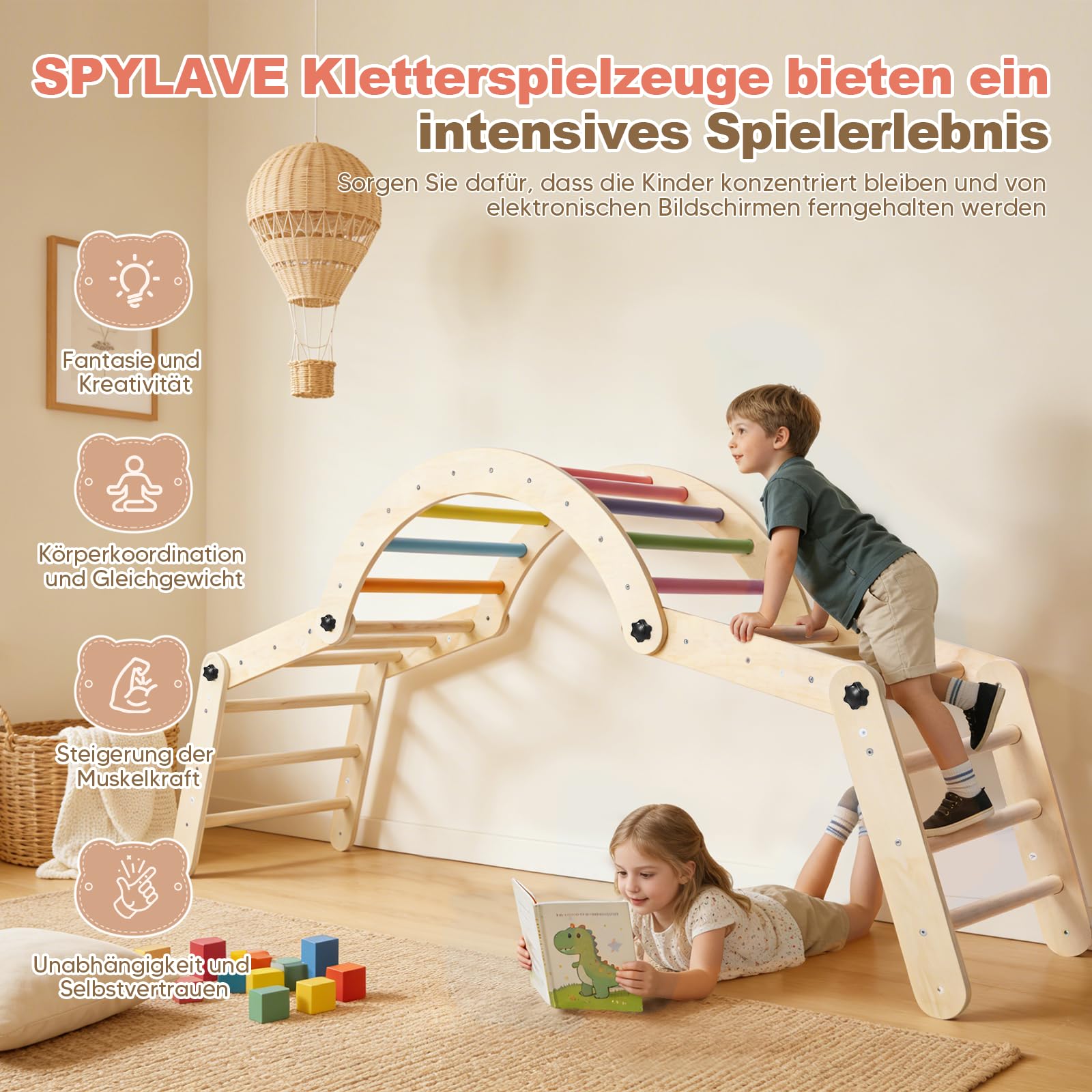 Montessori Indoor Spielset, 8-in-1 Verformbares Kletterdreieck ab 1 Jahr, Multifunktional klettergerüst Indoor mit Kletterbogen mit Kissen, Rutsche, Reißbrett, Spielplatz aus Natur Holz