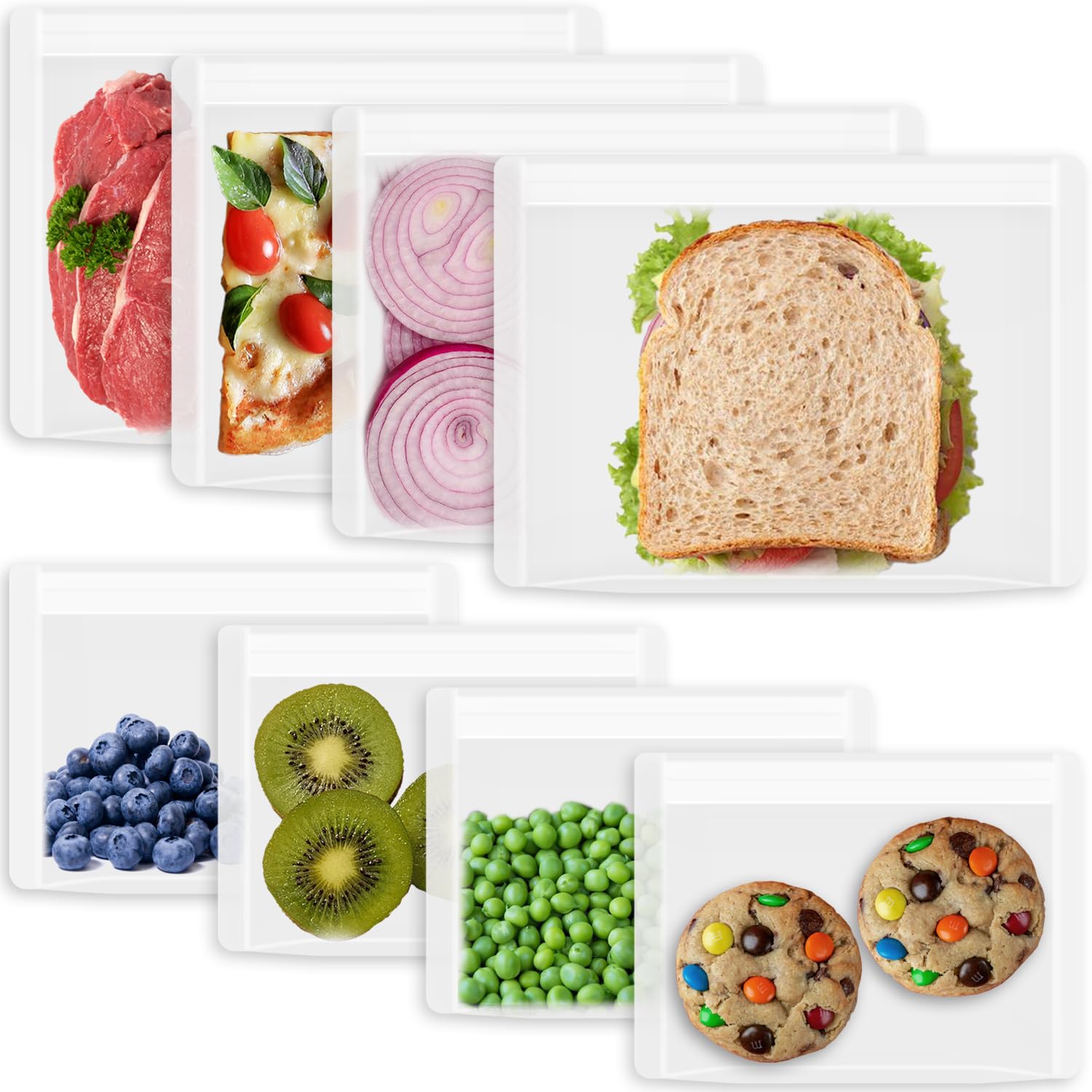 Annaklin Reusable Sandwich Bags & Snack Bags Set, 8 Pack, 100% Silicone Reusable Storage Bag, Soft Shell Ziplock Silicone Food Storage Containers,