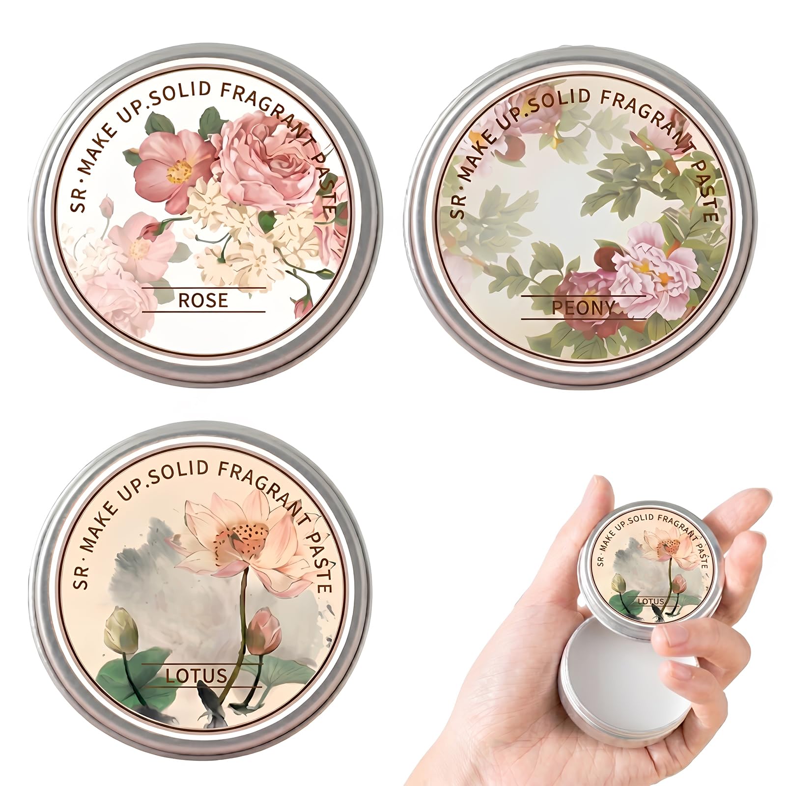 3 Pezzi Profumo Solido Donna, Set Balsamo Profumato Portatile con Fragranze di Rosa, Loto e Peonia, Fragranza Persistente ed Elegante, Ideale per Viaggi e Uso Quotidiano, Regalo Donna Raffinato
