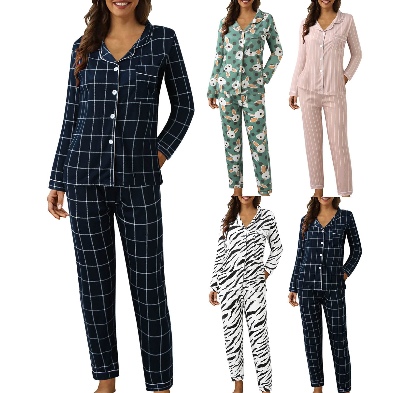 Cute Pajama Sets for Women 2 Piece Long Sleeve Sleepwear Print Button Down Loungewear Lightweight Pjs Sets