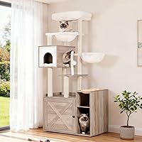 Vista 8 de Hey-brother Árbol para gatos con recinto para caja de arena, torre moderna para gatos de interior con plataforma grande, condominio con estación