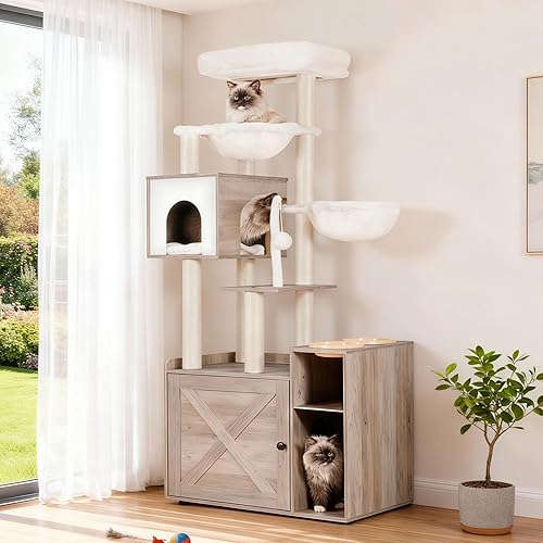 Hey-brother Cat Tree with Litter Box Enclosure, Modern Cat Tower for Indoor Cats with Large Platform, Condo Food Station and 2 Hammocks, All-in-one Cat Furniture, Wood Rustic Gray MPJ115SG