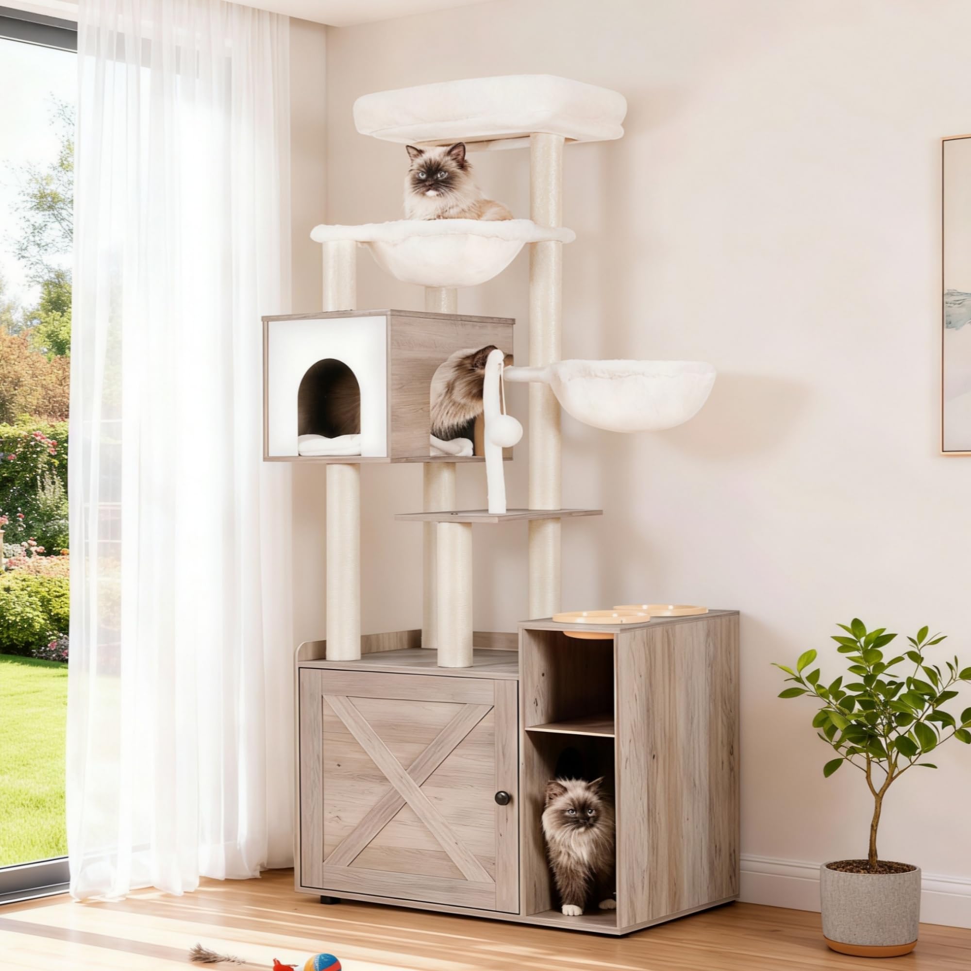 Hey-brother Cat Tree with Litter Box Enclosure, Modern Cat Tower for Indoor Cats with Large Platform, Condo Food Station and 2 Hammocks, All-in-one Cat Furniture, Wood Rustic Gray MPJ115SG