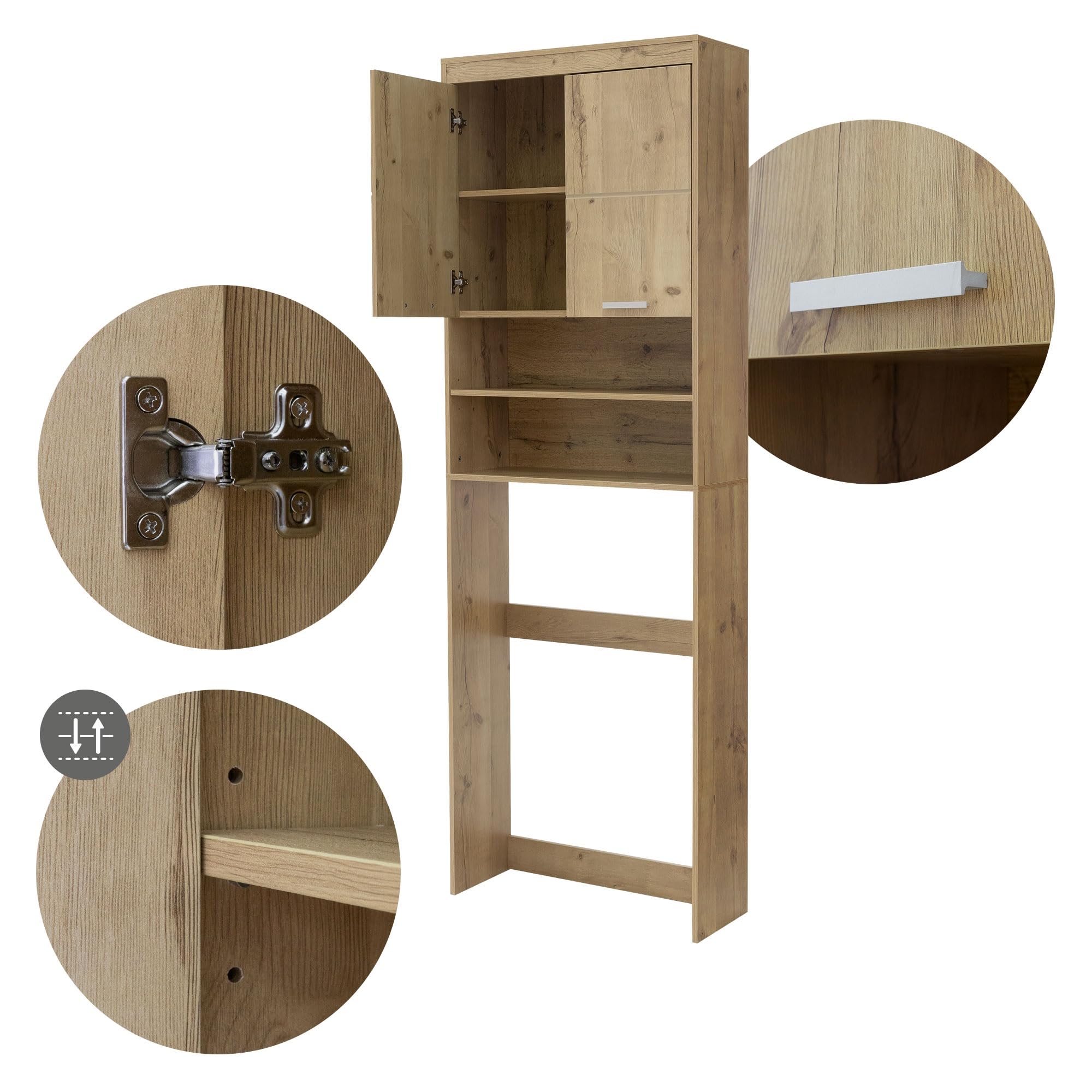 ECD Germany Armario de Lavadora/Secadora Organizador con 2 Puertas y 2 Compartimentos Abiertos 63 x 24 x 187 cm Madera de Roble MDF Mueble De Baño Alto Estantería Moderna Sobrestructura De Lavadora