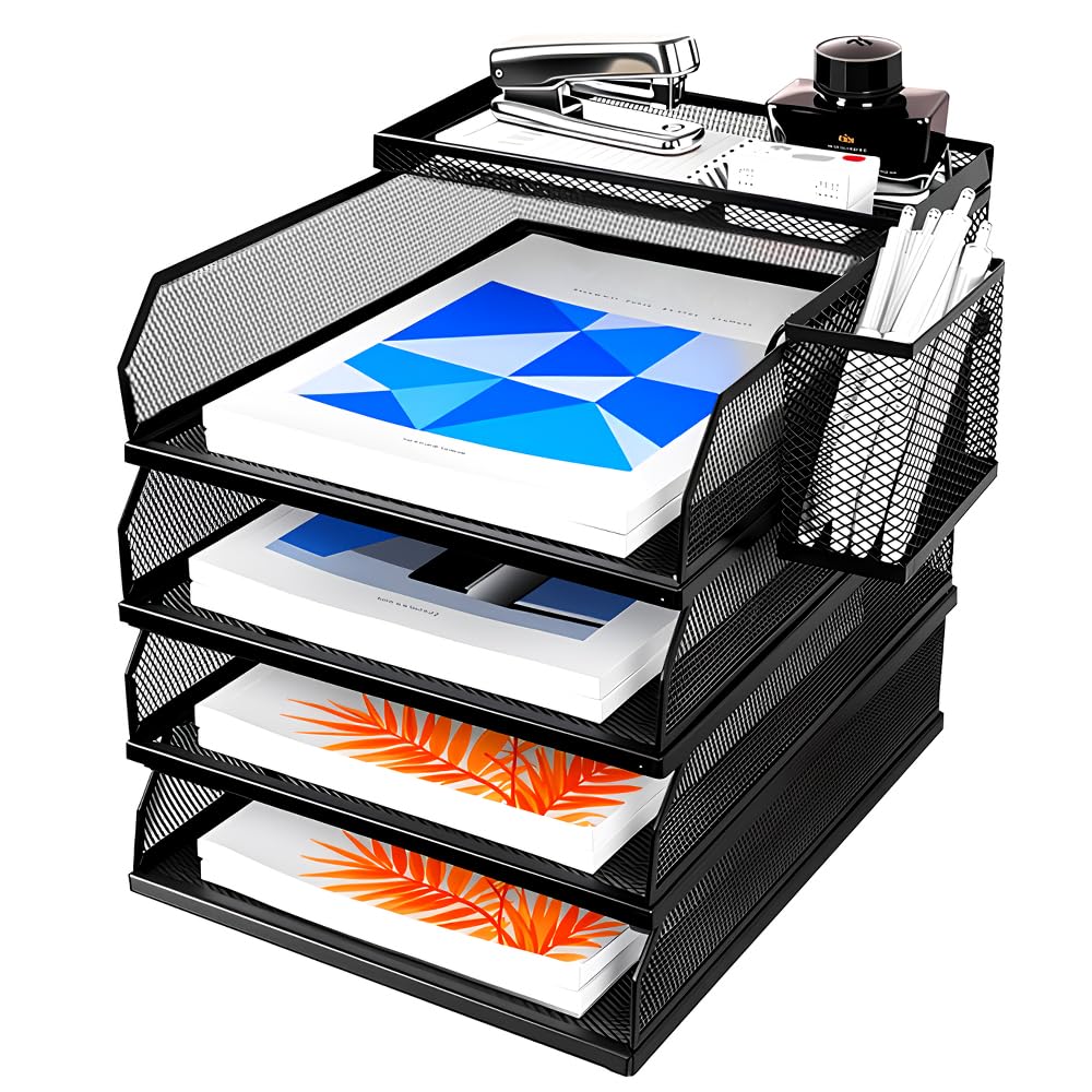 Vurixfo 4 Tier Letter Trays, Stackable Desk Organiser File Holder Metal Mesh A4 Paper Desktop Filing Tray Magazine File Racks with Pen Holder and Top Storage Tray for Home Office Supplies, Black