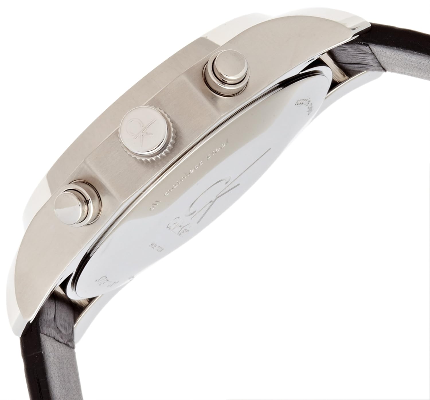 Lado view of Calvin Klein K7731120 watch showing crown and pushers
