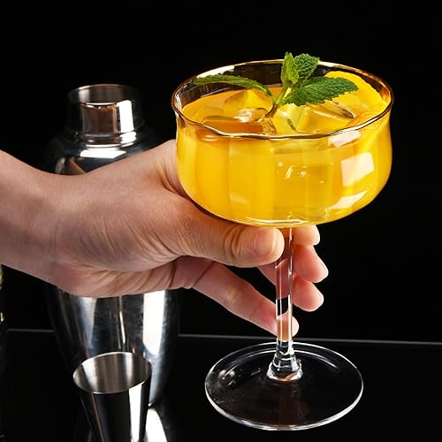 Miniatura 6 de ROXBURGH Coupe Glasses Set of 4, 10 oz Gold Rim Vintage Martini Glasses with Jigger and Mixing Spoon  Ribbed Wine Cocktail Champagne Glasses,