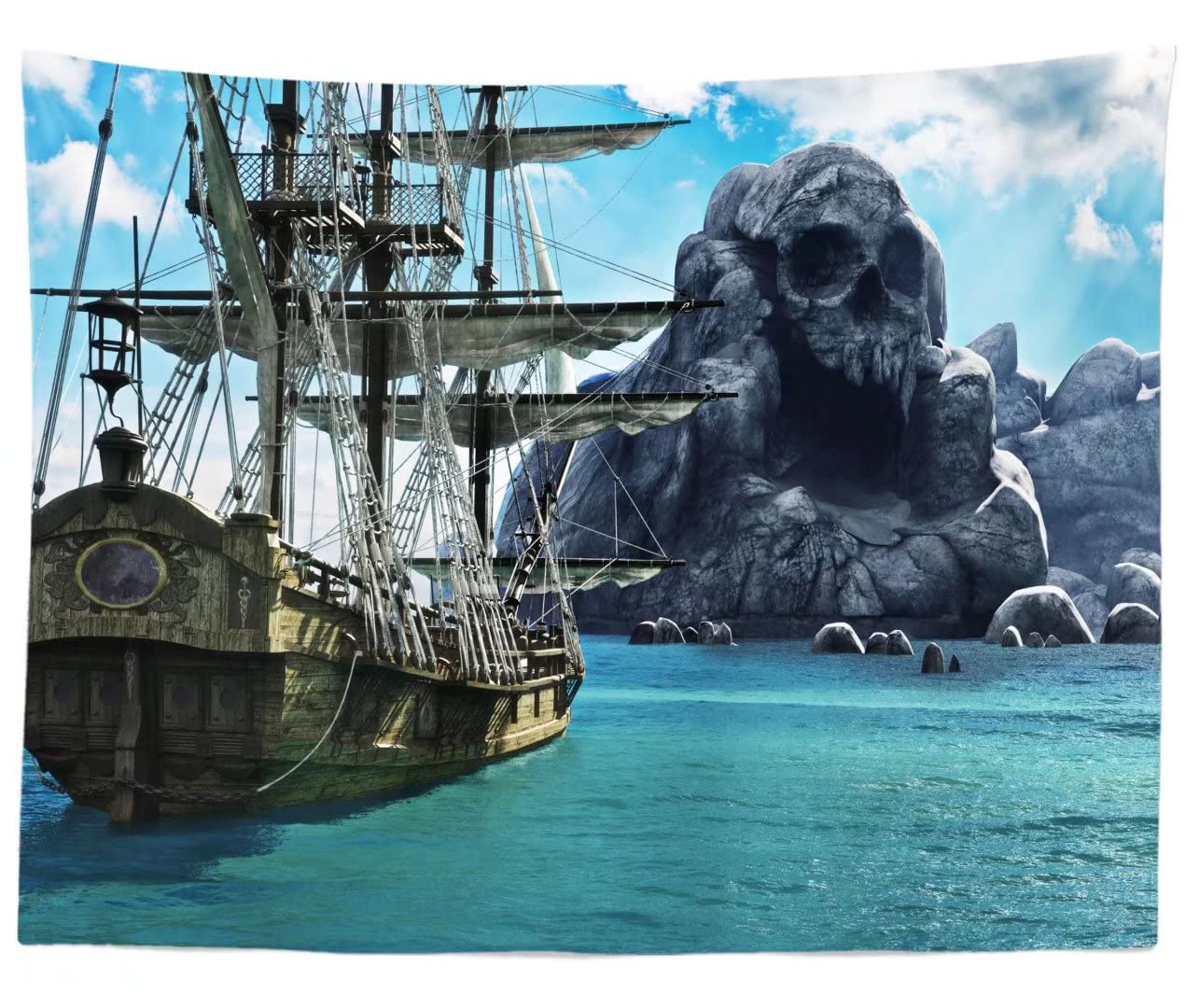 BELECO 2.1x1.5m Tessuto Teschio Pirata Sfondo Isola Nave Pirata Crociera Mar dei Caraibi Oceano Mostro Roccia - Tema Compleanno Bambini Ragazzi Puntelli Foto