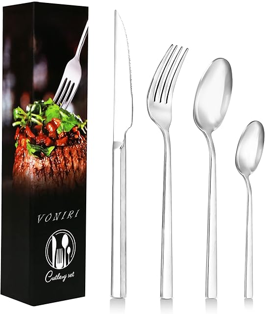 Voniri Cutlery Set  24Pcs Knife and Fork Sets with Spoons and Teaspoons  18/10 Stainless Steel Reusable Cutlery Set  Sleek and Elegant Design  Practical and Durable